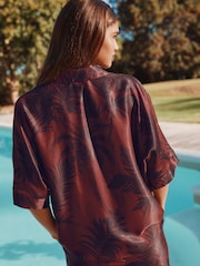 Brown/Navy Palm Print V-Neck Collared Satin Shirt - Image 4 of 9