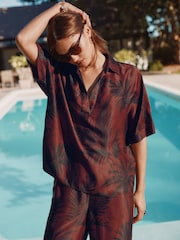 Brown/Navy Palm Print V-Neck Collared Satin Shirt - Image 5 of 9