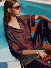 Brown/Navy Palm Print V-Neck Collared Satin Shirt - Image 6 of 9