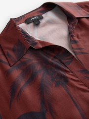 Brown/Navy Palm Print V-Neck Collared Satin Shirt - Image 8 of 9