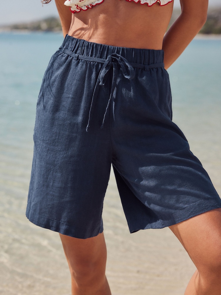Navy Tie Waist Linen Blend Bermuda Knee Shorts - Image 2 of 7
