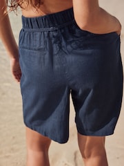 Navy Tie Waist Linen Blend Bermuda Knee Shorts - Image 3 of 7