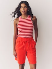 Red Tie Waist Linen Blend Bermuda Knee Shorts - Image 1 of 7
