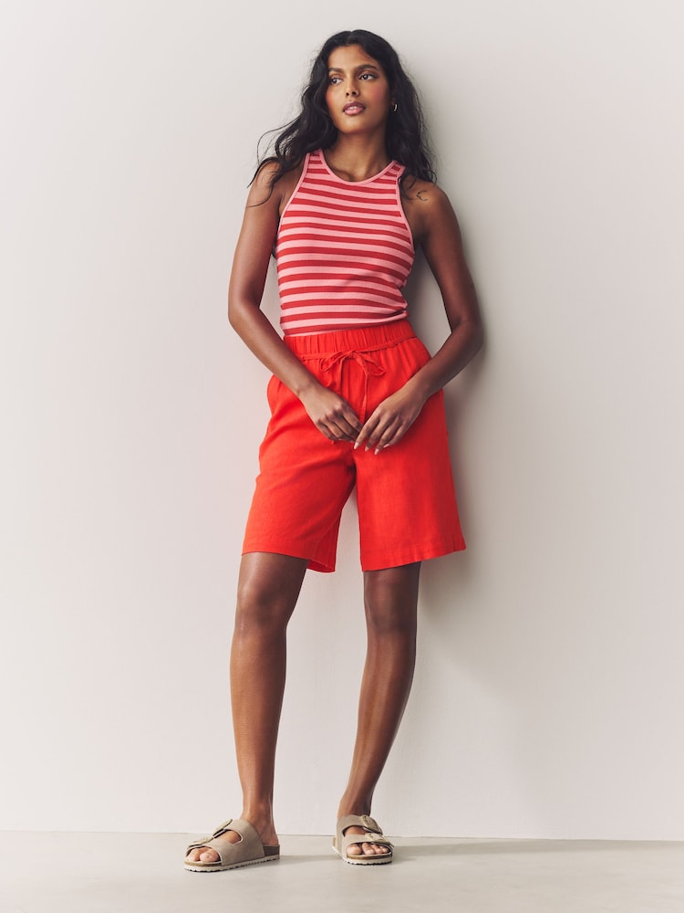 Red Tie Waist Linen Blend Bermuda Knee Shorts - Image 2 of 7