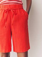 Red Tie Waist Linen Blend Bermuda Knee Shorts - Image 4 of 7