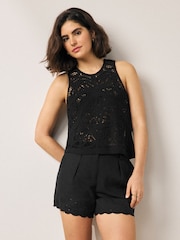 Black Scalloped Hem Embroidered Linen Rich Shorts - Image 1 of 3