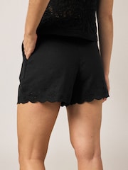 Black Scalloped Hem Embroidered Linen Rich Shorts - Image 3 of 3