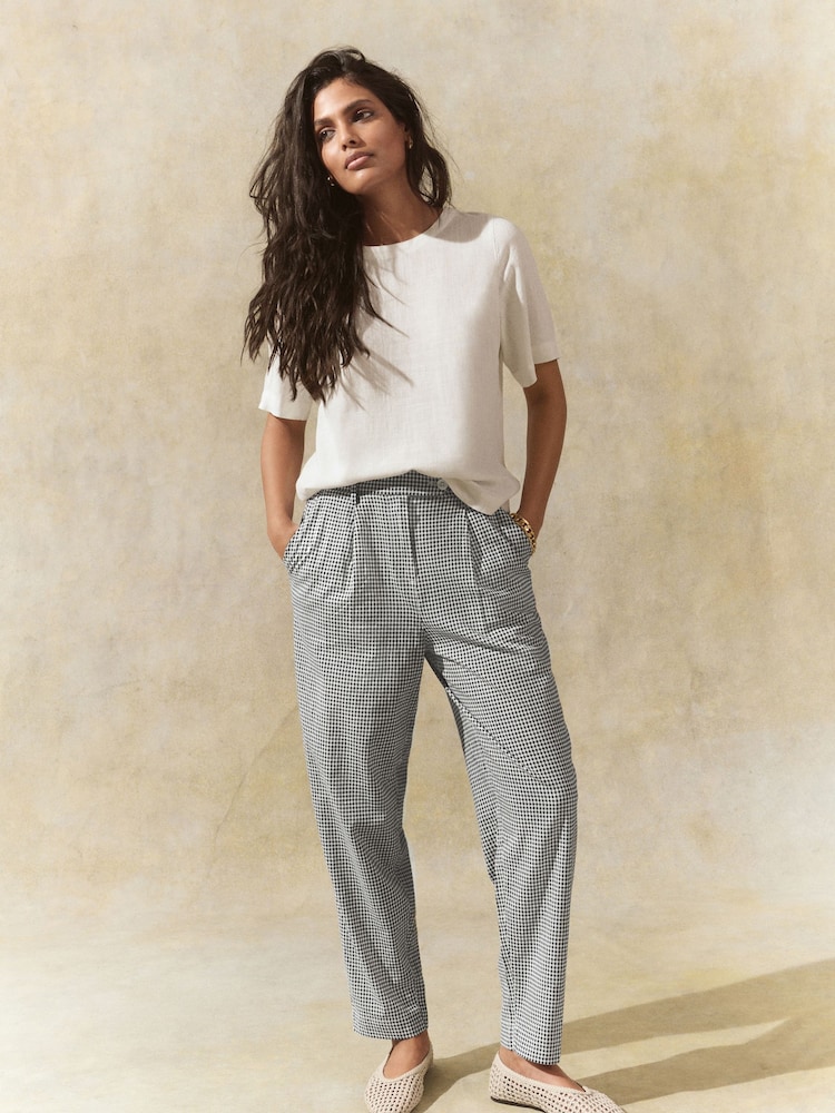 Black/White Gingham Stay Smart Barrel Leg Linen Rich Trousers - Image 1 of 8