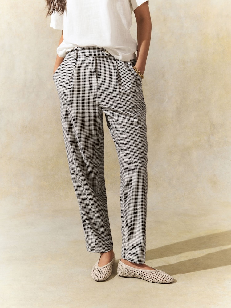 Black/White Gingham Stay Smart Barrel Leg Linen Rich Trousers - Image 2 of 8