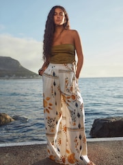 Neutral Sunflower Print Tie Waist Wide Leg Trousers - Image 1 of 8
