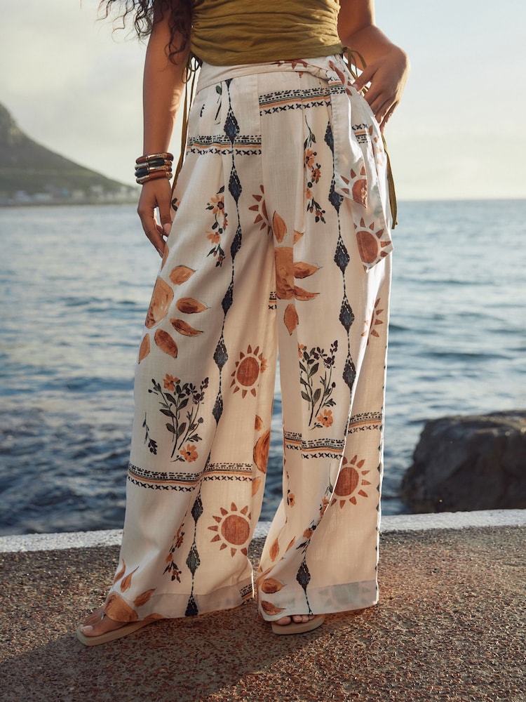 Neutral Sunflower Print Tie Waist Wide Leg Trousers - Image 2 of 8