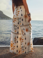 Neutral Sunflower Print Tie Waist Wide Leg Trousers - Image 3 of 8