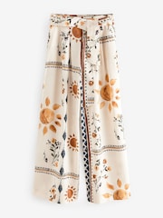 Neutral Sunflower Print Tie Waist Wide Leg Trousers - Image 6 of 8