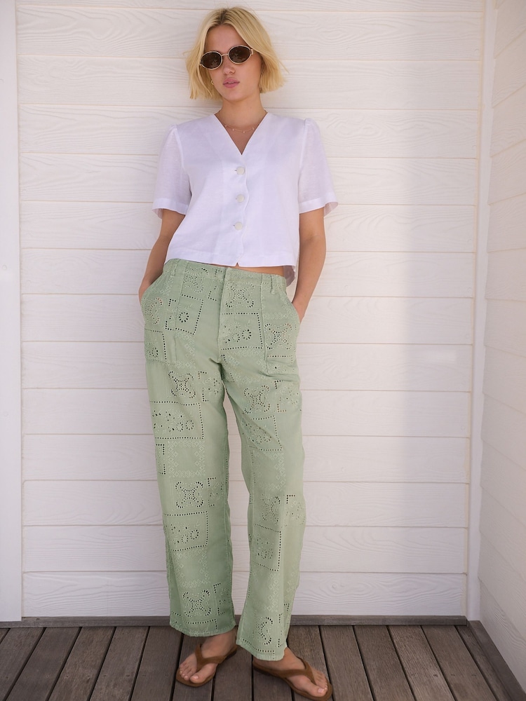 Sage Green 100% Cotton Embroidered Trousers - Image 2 of 8