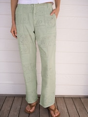 Sage Green 100% Cotton Embroidered Trousers - Image 3 of 8