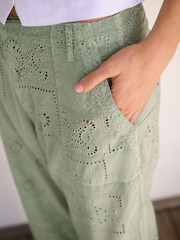Sage Green 100% Cotton Embroidered Trousers - Image 5 of 8