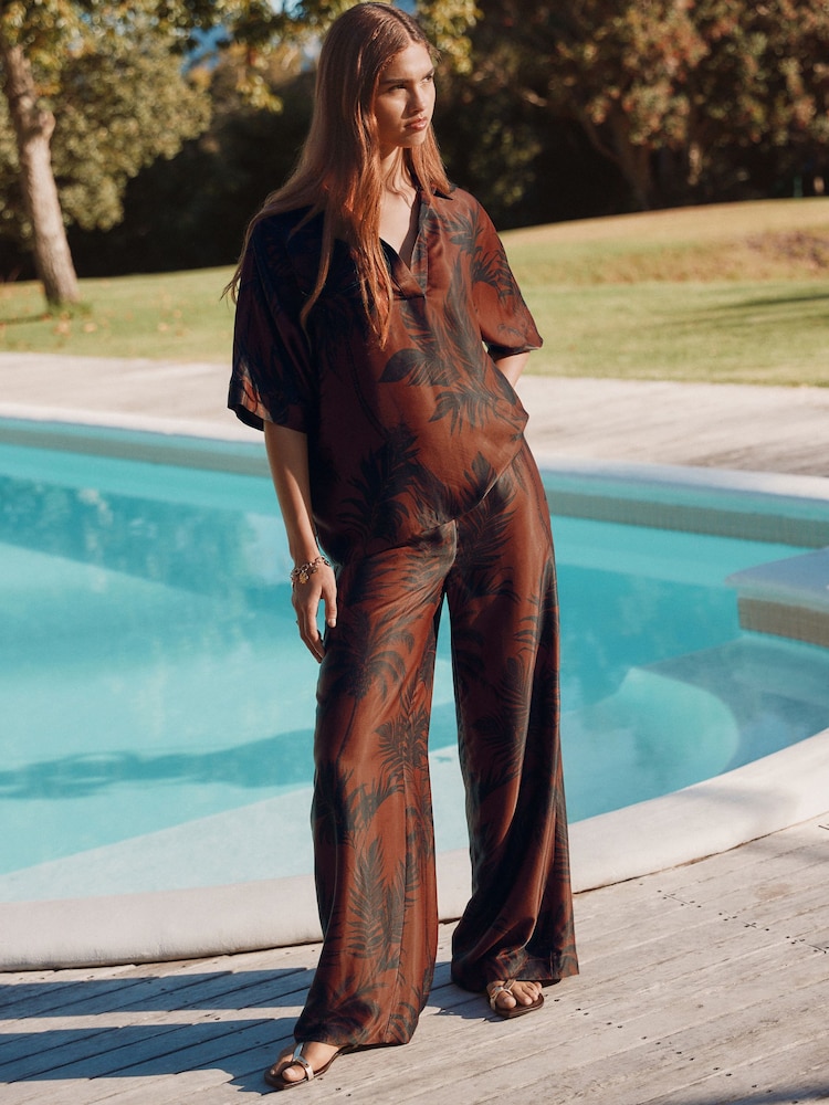 Brown Palm Print Wide Leg Satin Trousers - Image 1 of 8