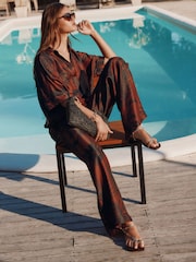 Brown Palm Print Wide Leg Satin Trousers - Image 2 of 8