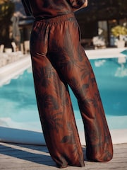 Brown Palm Print Wide Leg Satin Trousers - Image 4 of 8