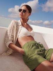 Khaki Green Tie Waist Linen Blend Boy Shorts - Image 1 of 8