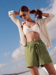 Khaki Green Tie Waist Linen Blend Boy Shorts - Image 2 of 8