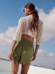 Khaki Green Tie Waist Linen Blend Boy Shorts - Image 4 of 8