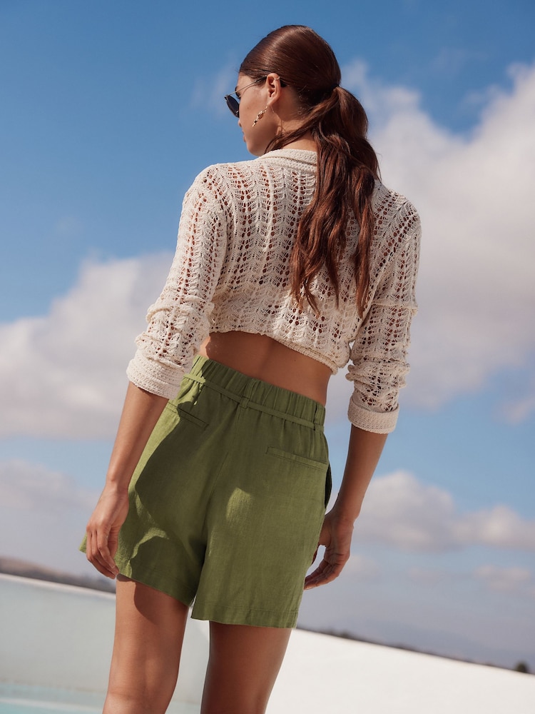 Khaki Green Tie Waist Linen Blend Boy Shorts - Image 4 of 8