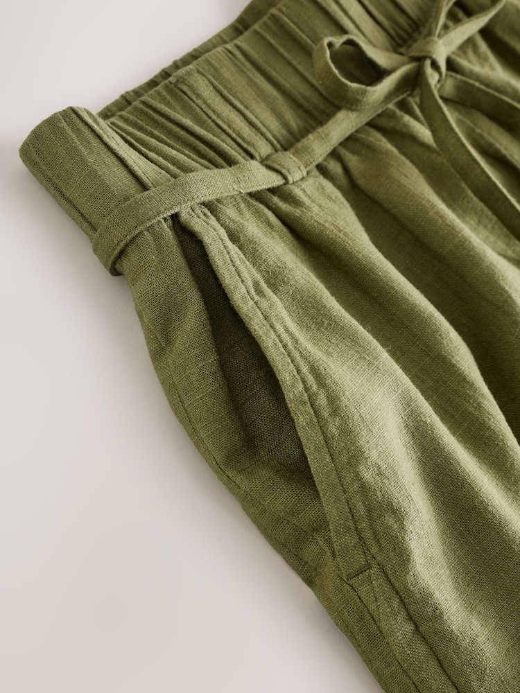 Khaki Green Tie Waist Linen Blend Boy Shorts - Image 8 of 8