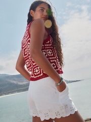 White Scalloped Hem Embroidered Linen Rich Shorts - Image 2 of 7