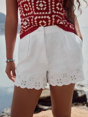 White Scalloped Hem Embroidered Linen Rich Shorts - Image 4 of 7