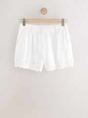 White Scalloped Hem Embroidered Linen Rich Shorts - Image 5 of 7