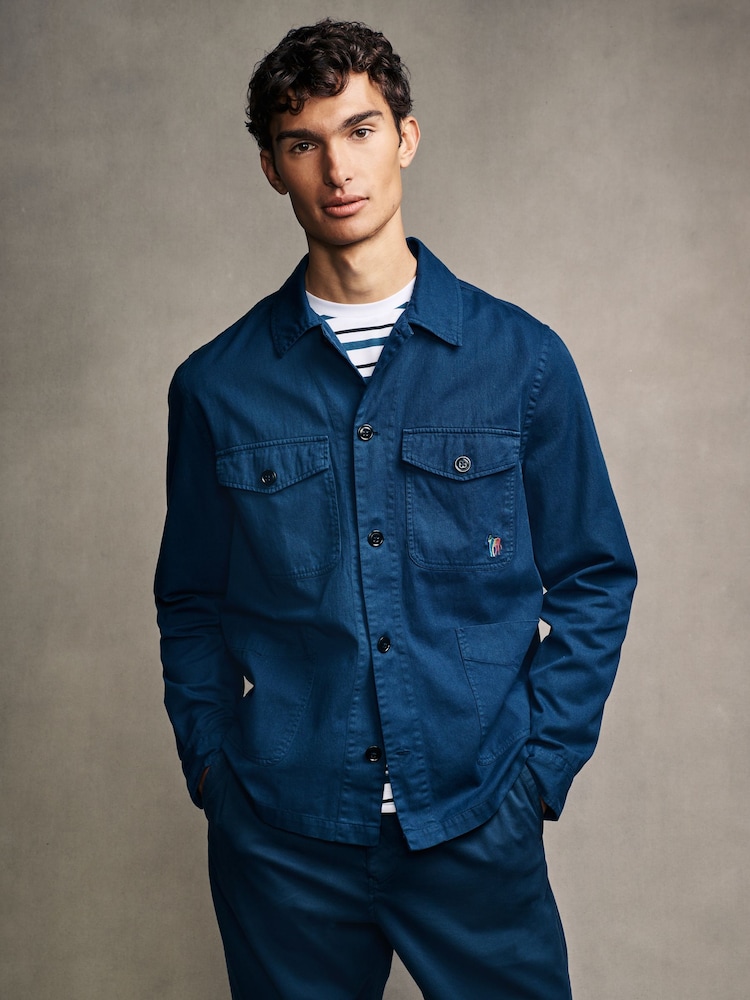 PS Paul Smith Navy Twill Work Zebra Print Logo Shacket - Image 1 of 7