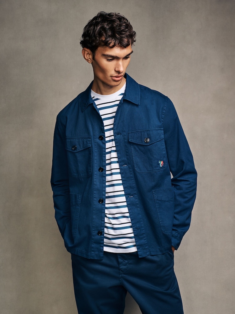 PS Paul Smith Navy Twill Work Zebra Print Logo Shacket - Image 2 of 7