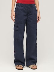 Superdry Blue Low Rise Embroidered Cargo 100% Cotton Trousers - Image 1 of 4