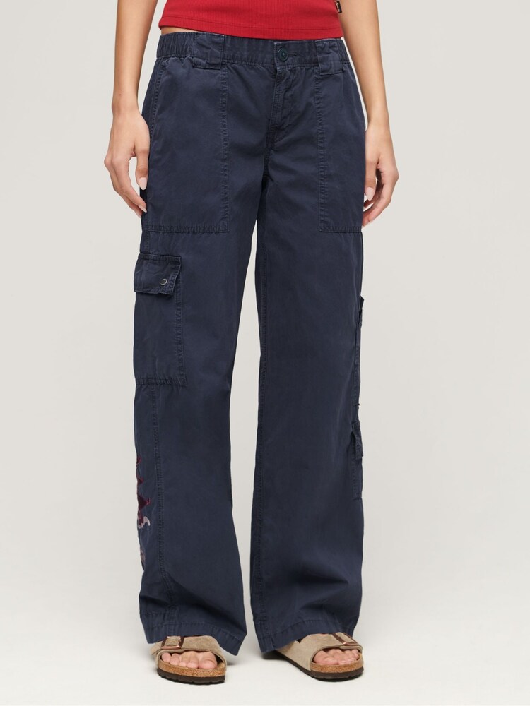 Superdry Blue Low Rise Embroidered Cargo 100% Cotton Trousers - Image 1 of 4