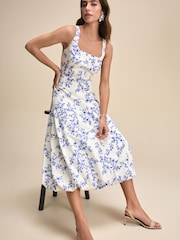 White/Blue Floral Square Neck Puff Hem Midi Dress - Image 1 of 7