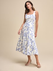 White/Blue Floral Square Neck Puff Hem Midi Dress - Image 2 of 7