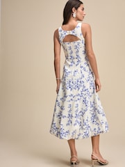 White/Blue Floral Square Neck Puff Hem Midi Dress - Image 3 of 7