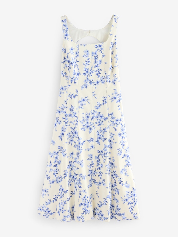 White/Blue Floral Square Neck Puff Hem Midi Dress - Image 4 of 7