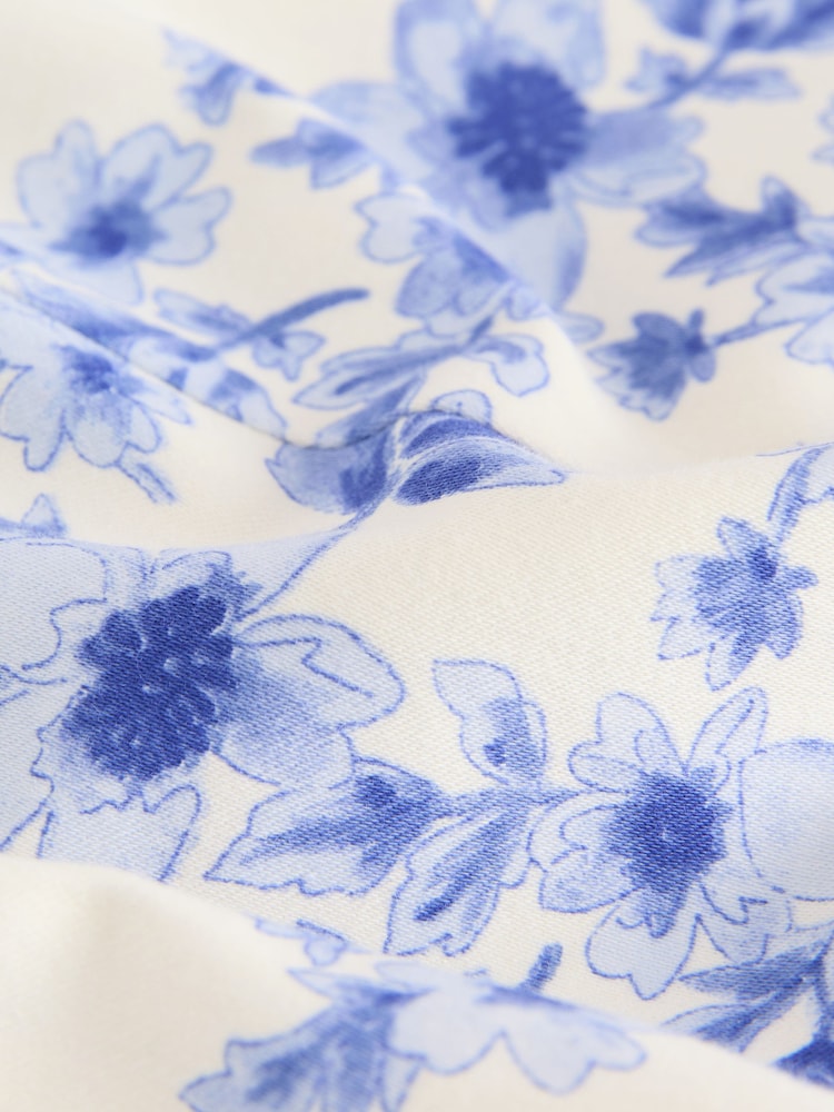 White/Blue Floral Square Neck Puff Hem Midi Dress - Image 5 of 7