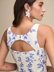 White/Blue Floral Square Neck Puff Hem Midi Dress - Image 7 of 7