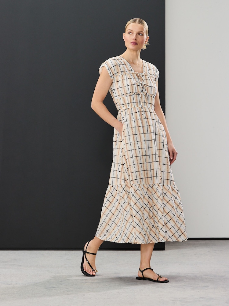 Cream And Black Check Tie Front Short Sleeve Midi Dress - Image 1 of 4