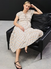 Cream And Black Check Tie Front Short Sleeve Midi Dress - Image 2 of 4