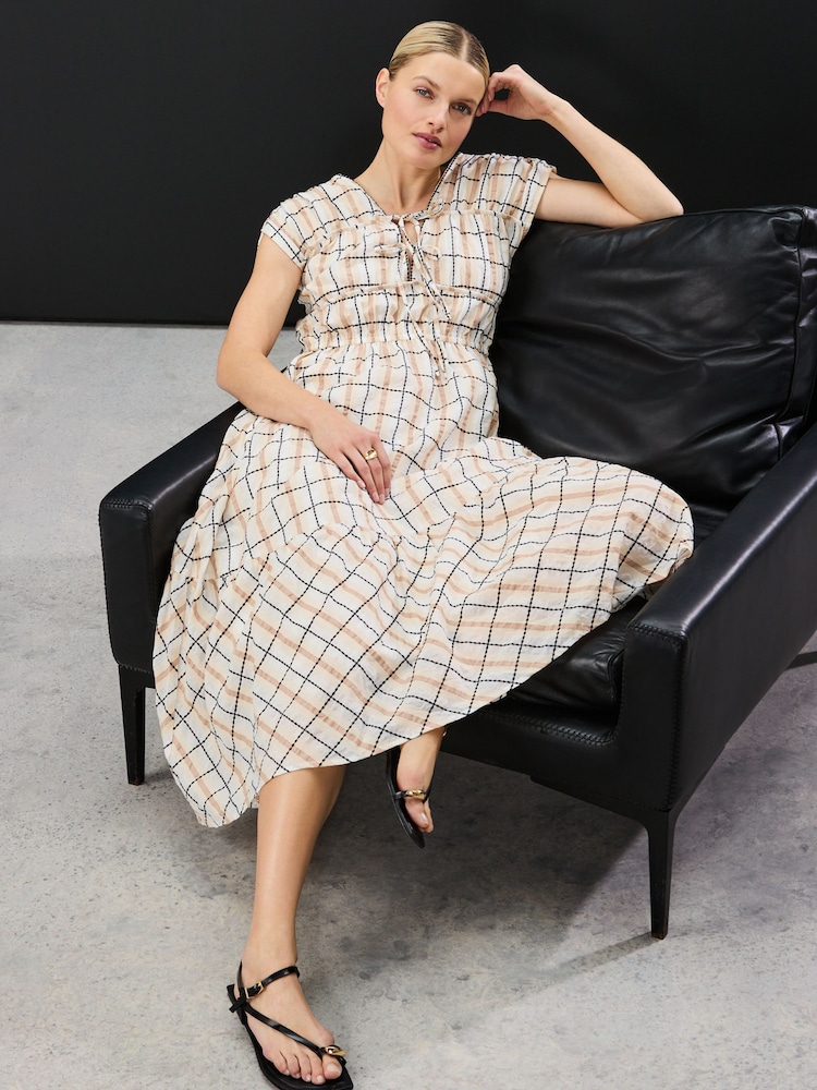 Cream And Black Check Tie Front Short Sleeve Midi Dress - Image 2 of 4