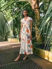 Kew Collection White & Purple Floral Flutter Sleeve V-Neck Tie Waist Maxi Dress - Image 1 of 7