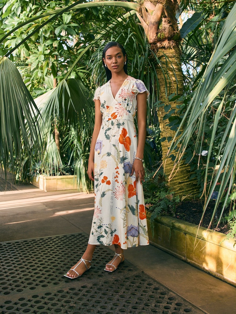 Kew Collection White & Purple Floral Flutter Sleeve V-Neck Tie Waist Maxi Dress - Image 1 of 7