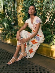 Kew Collection White & Purple Floral Flutter Sleeve V-Neck Tie Waist Maxi Dress - Image 2 of 7