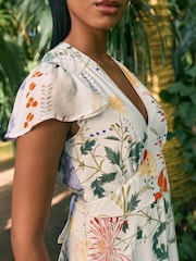 Kew Collection White & Purple Floral Flutter Sleeve V-Neck Tie Waist Maxi Dress - Image 3 of 7