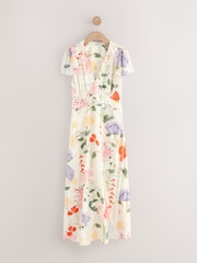 Kew Collection White & Purple Floral Flutter Sleeve V-Neck Tie Waist Maxi Dress - Image 5 of 7