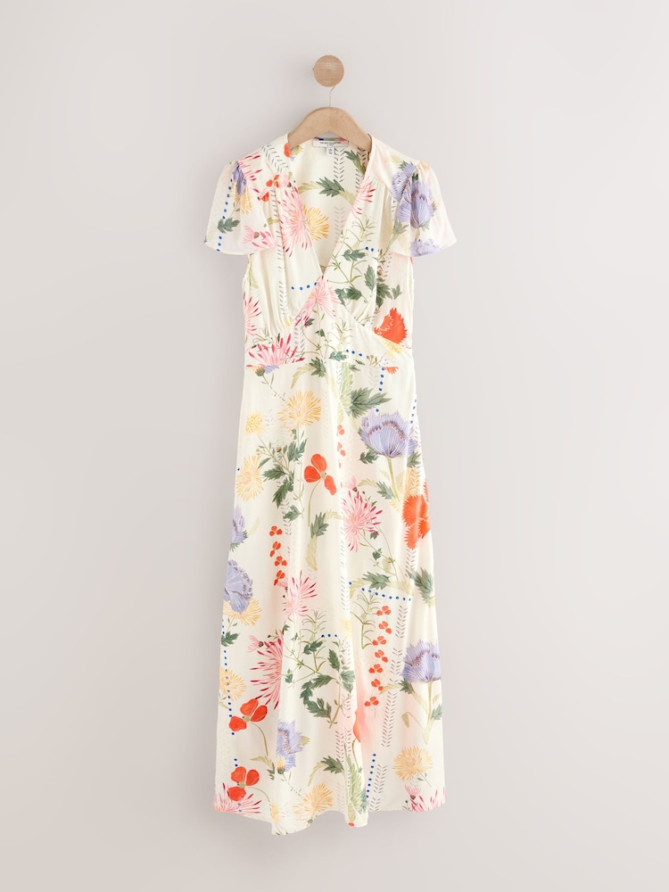 Kew Collection blanc & violet à fleurs - Robe longue à manches évasées à col en V nouée à la taille - Image 5 of 7